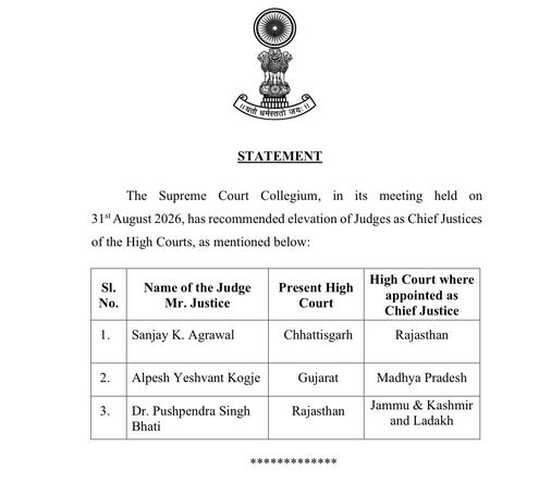 'Justice Pushpendra Singh Bhati recommended as Chief Justice of J&K and Ladakh High Court'