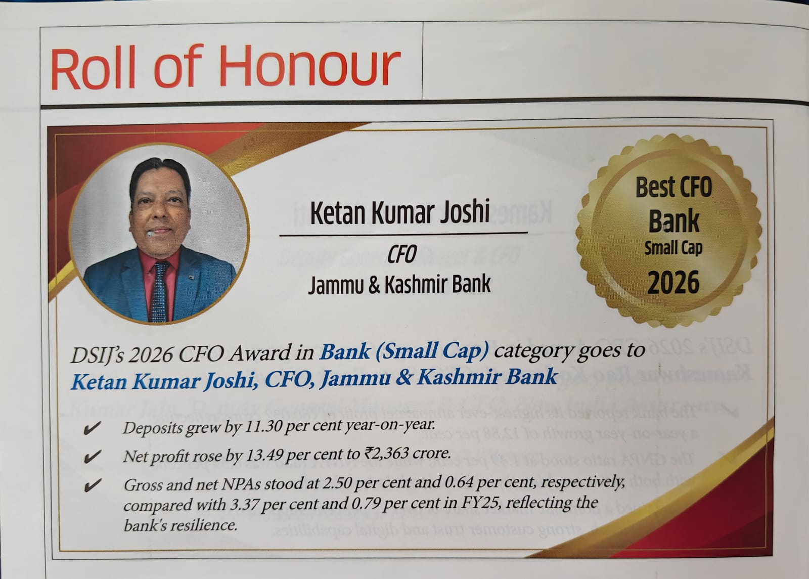 'J&K Bank CFO Ketan Kumar Joshi wins DSIJ’s 2026 CFO Award'