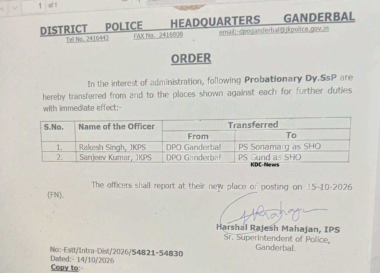 Two Probationary DySPs Posted As SHOs In Ganderbal