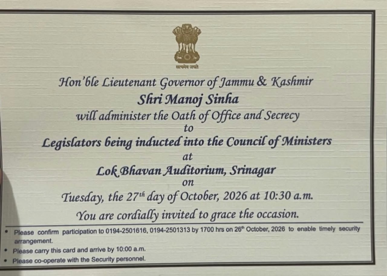 `J&K Cabinet Reshuffle On Tuesday - Oath Ceremony At 10:30 AM At Lok Bhawan Srinagar`