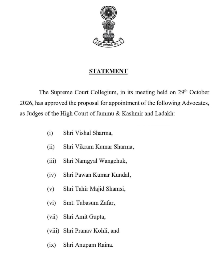J&K and Ladakh High Court To Get 9 New Judges - SC Collegium Recommends Vishal Sharma, Vikram Sharma, Pranav Kohli &  Others