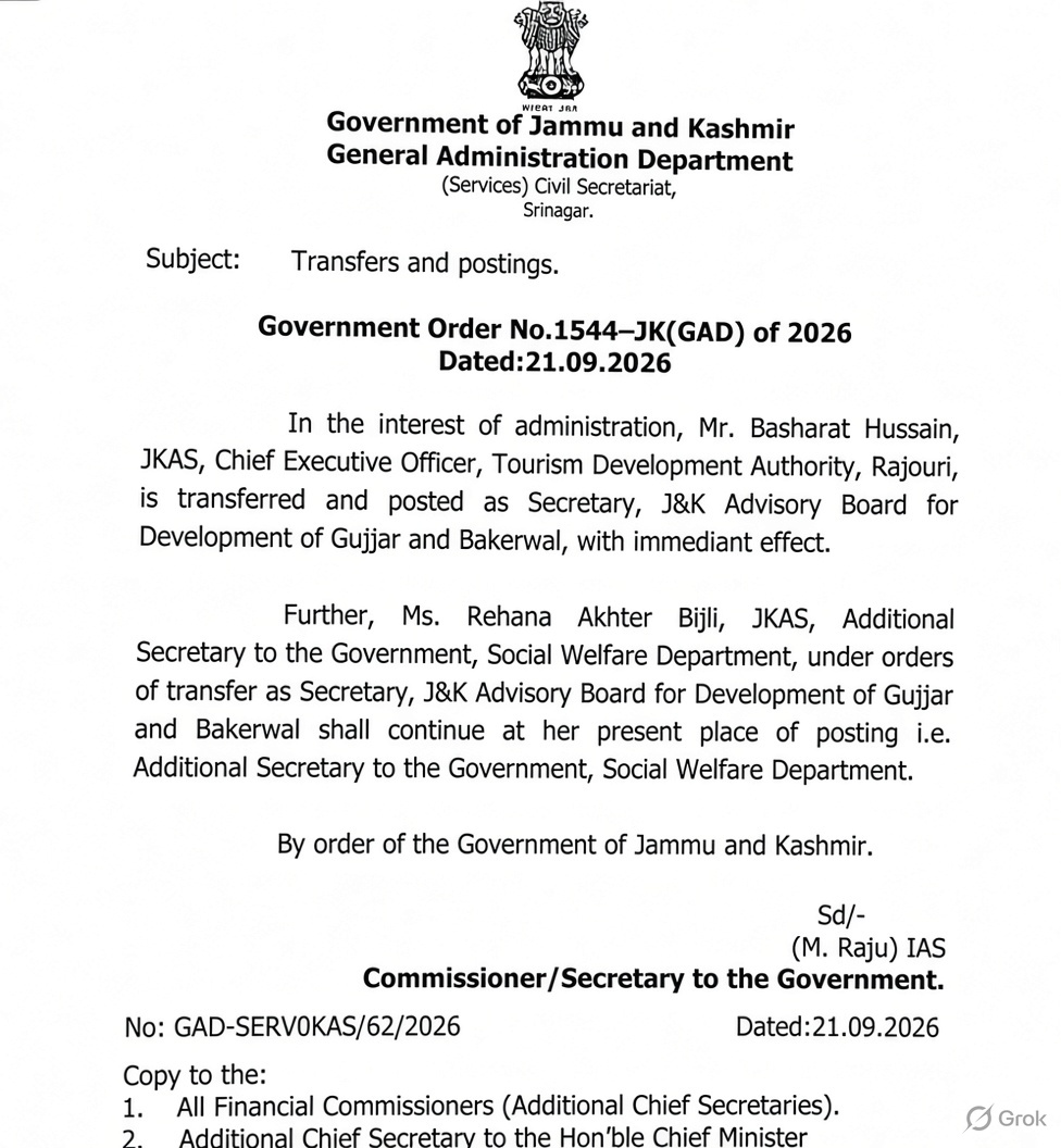 'Transfers and postings of two JKAS Officers '