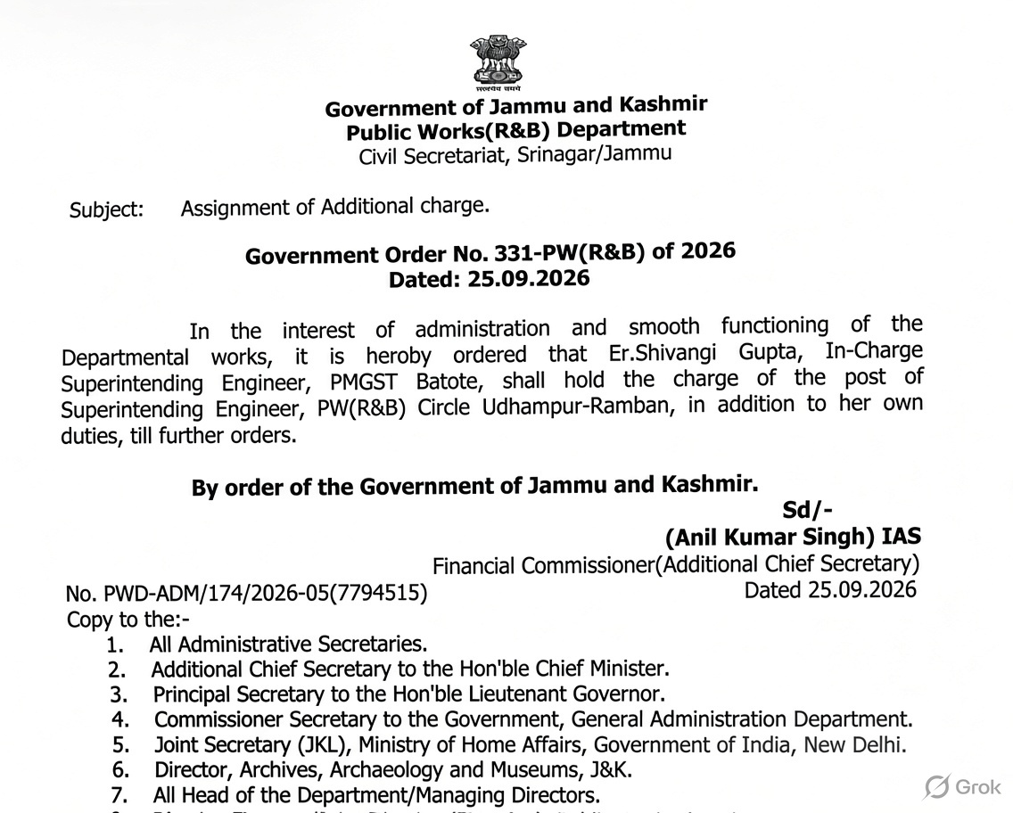 'Er Shivangi Gupta gets additional charge of SE PW(R&B) Circle Udhampur-Ramban'