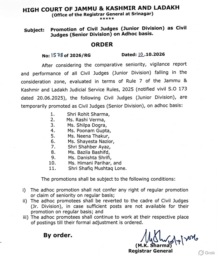 11 Civil Judges promoted in Jammu and Kashmir 