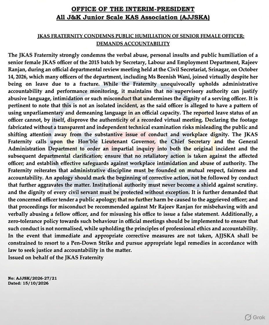 JKAS Fraternity Strongly Condemns Verbal Abuse Of Senior Female Officer, Demands  Public Apology